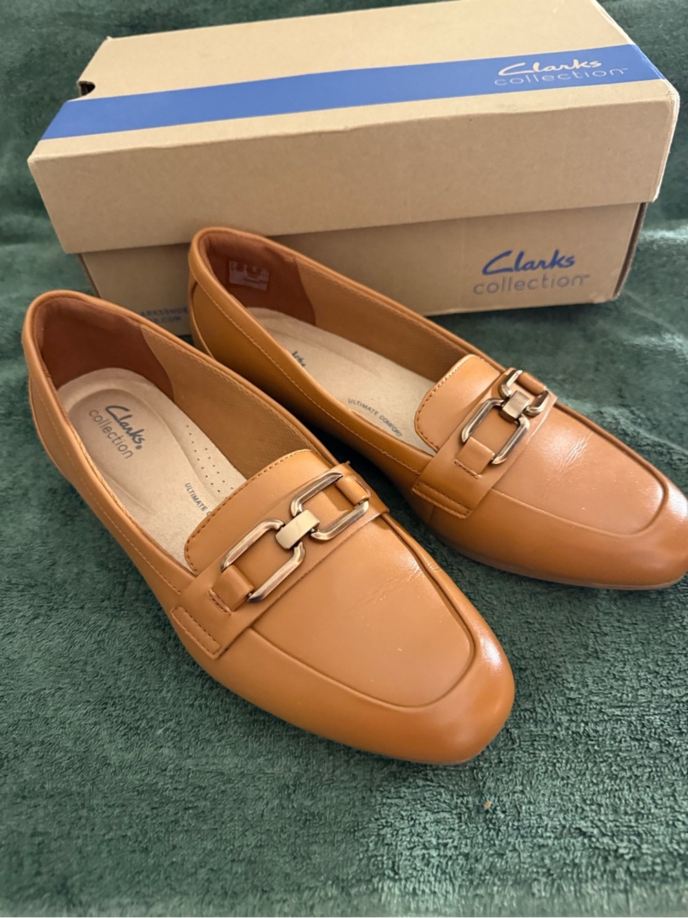 Clarks Women's Cognac Leather Slip-On Loafers with Chain Accent